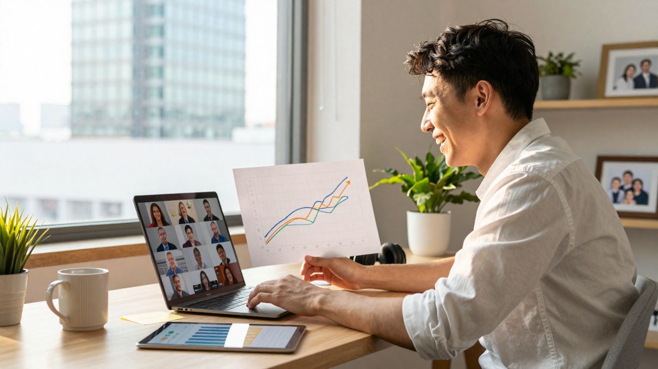 Homem a participar em reunião online, segurando gráfico de crescimento, à frente de laptop e tablet numa mesa.