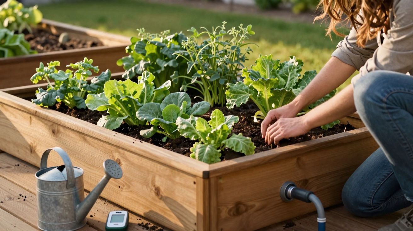 Pessoa a cuidar de plantas em canteiro elevado de madeira com regador e termómetro ao lado.