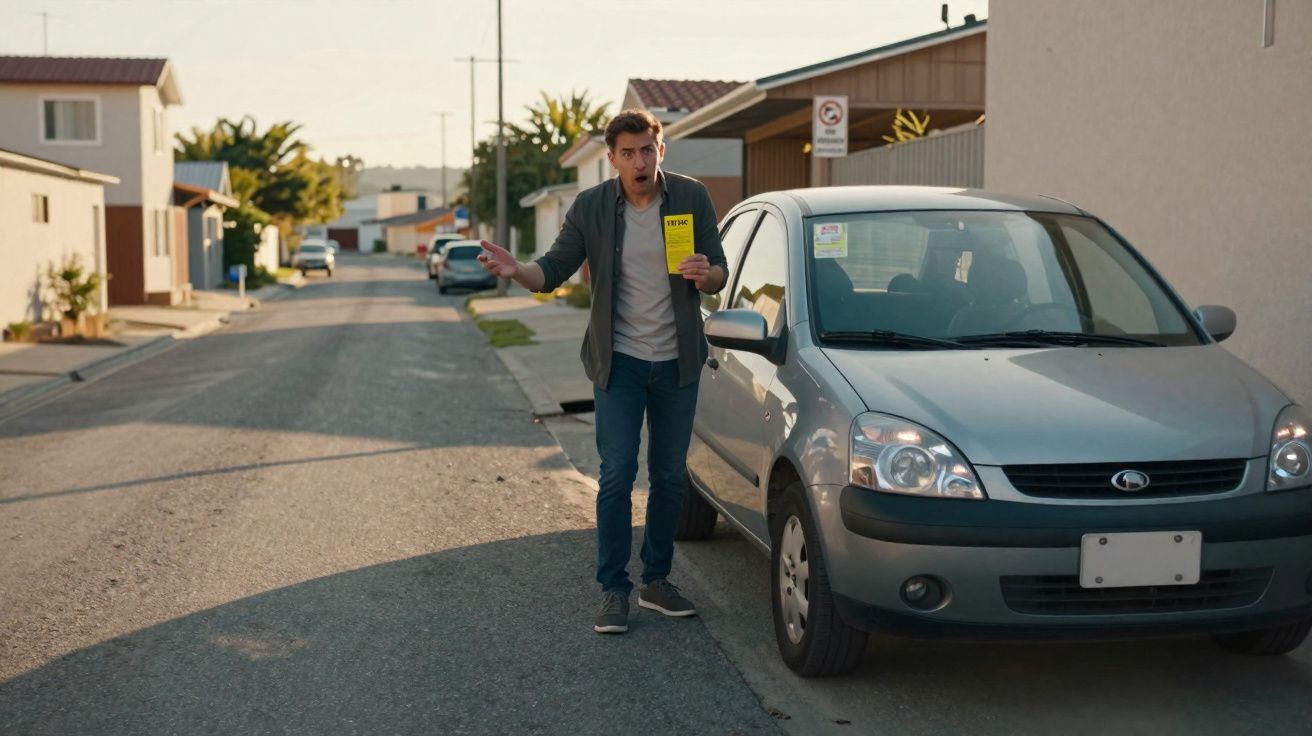 Homem ao lado de carro estacionado na rua, segurando um papel amarelo e com expressão de surpresa.