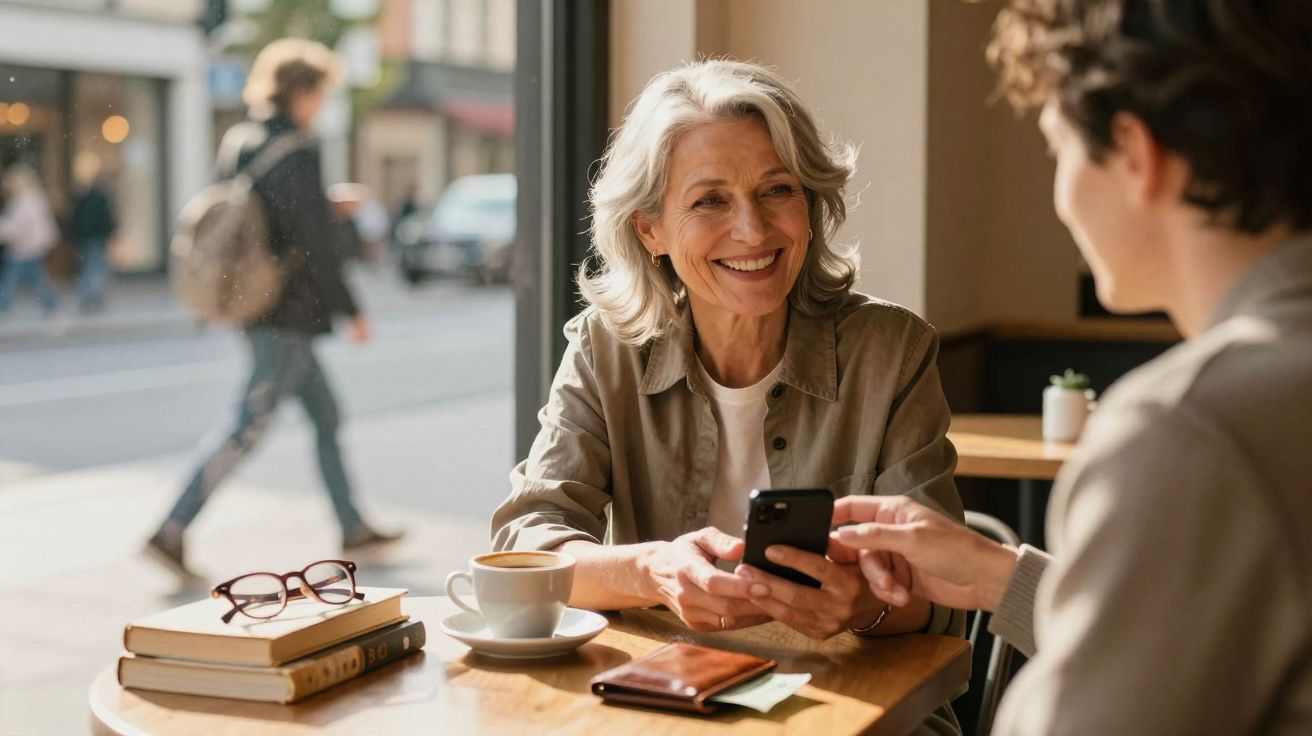 Duas mulheres de diferentes idades sentadas num café, uma a mostrar o telemóvel à outra, sorrindo.