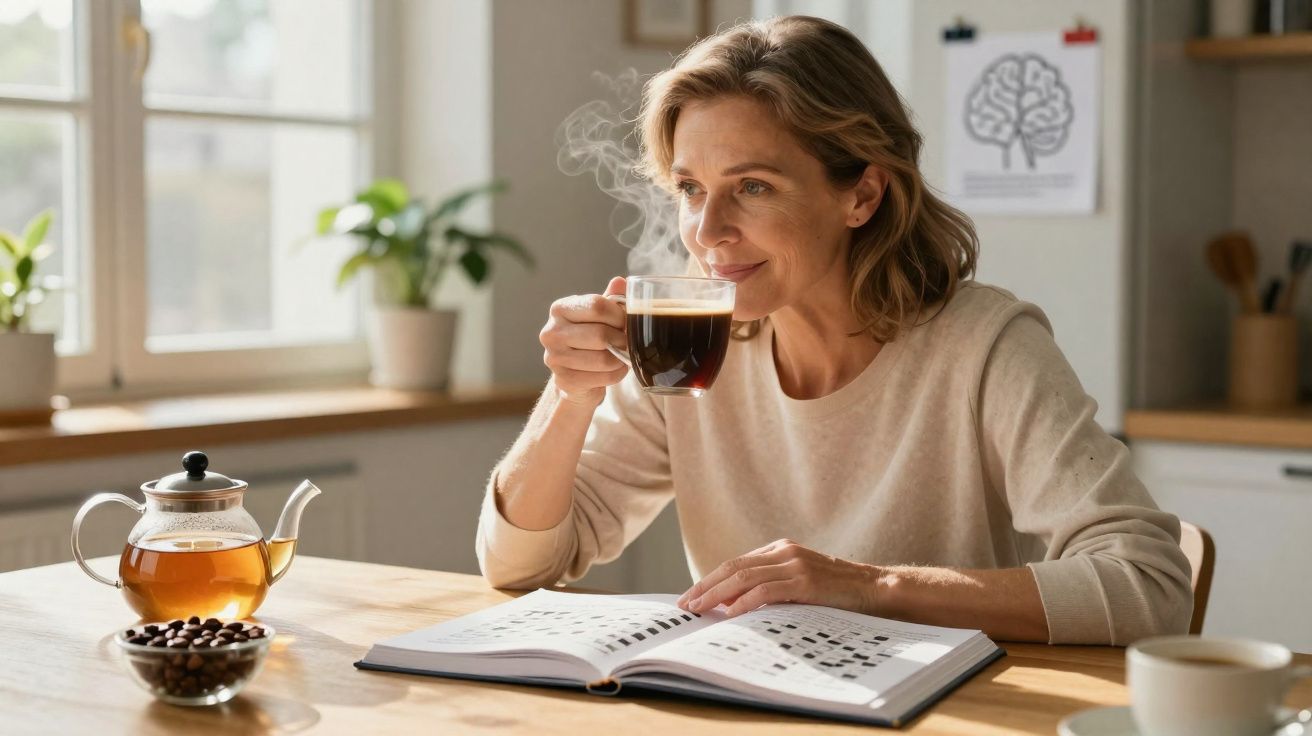 Mulher a beber café quente enquanto lê um livro com um tabuleiro luminoso e chaleira na mesa.