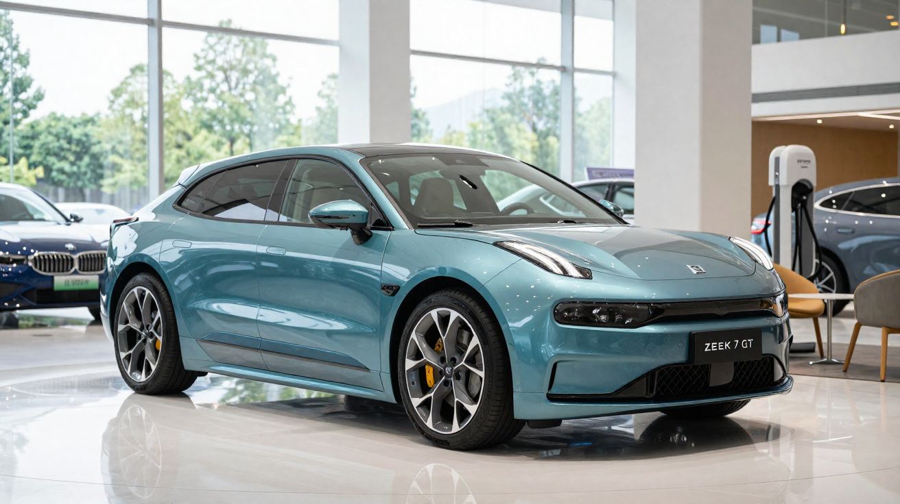 Carro elétrico azul Zeekr 7 GT exposto num salão moderno com janelas amplas e outros veículos ao fundo.