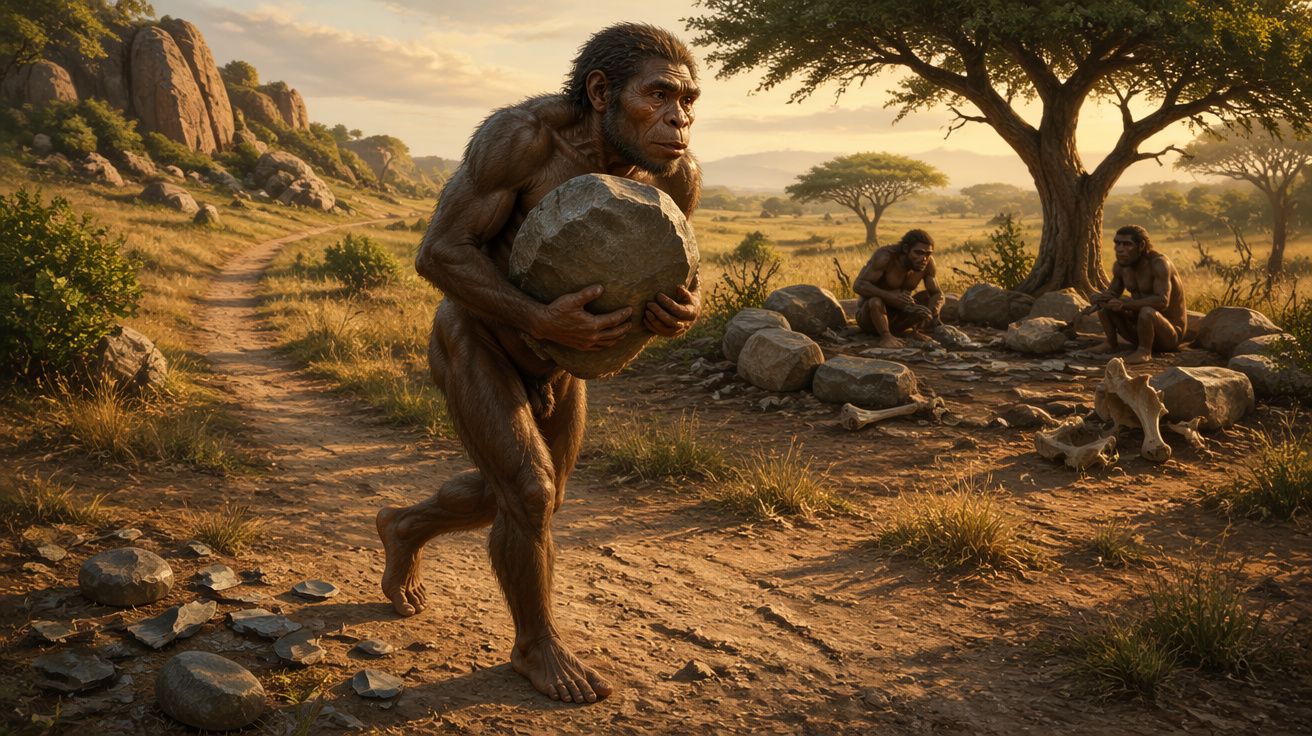 Hominídeo pré-histórico a transportar uma pedra grande, com dois outros sentados ao fundo numa paisagem seca e arborizada.