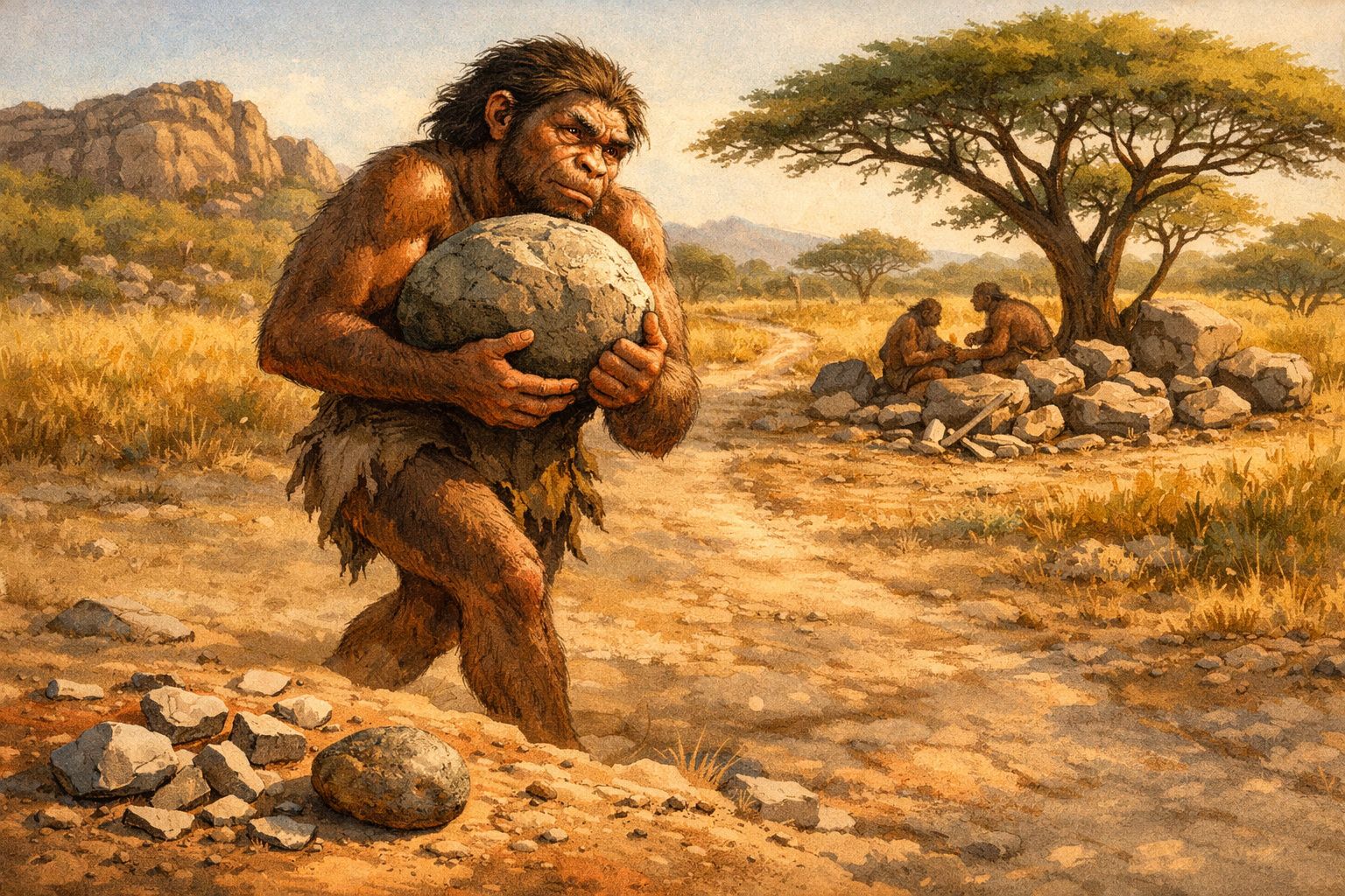 Hominídeo pré-histórico segurando pedra grande, com outros dois ao fundo entre pedras numa paisagem seca e arborizada.