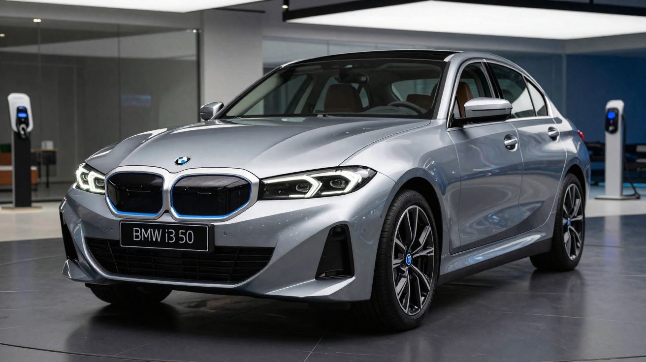Carro elétrico BMW i3 50 cinzento estacionado num espaço interior moderno com carregadores ao fundo.