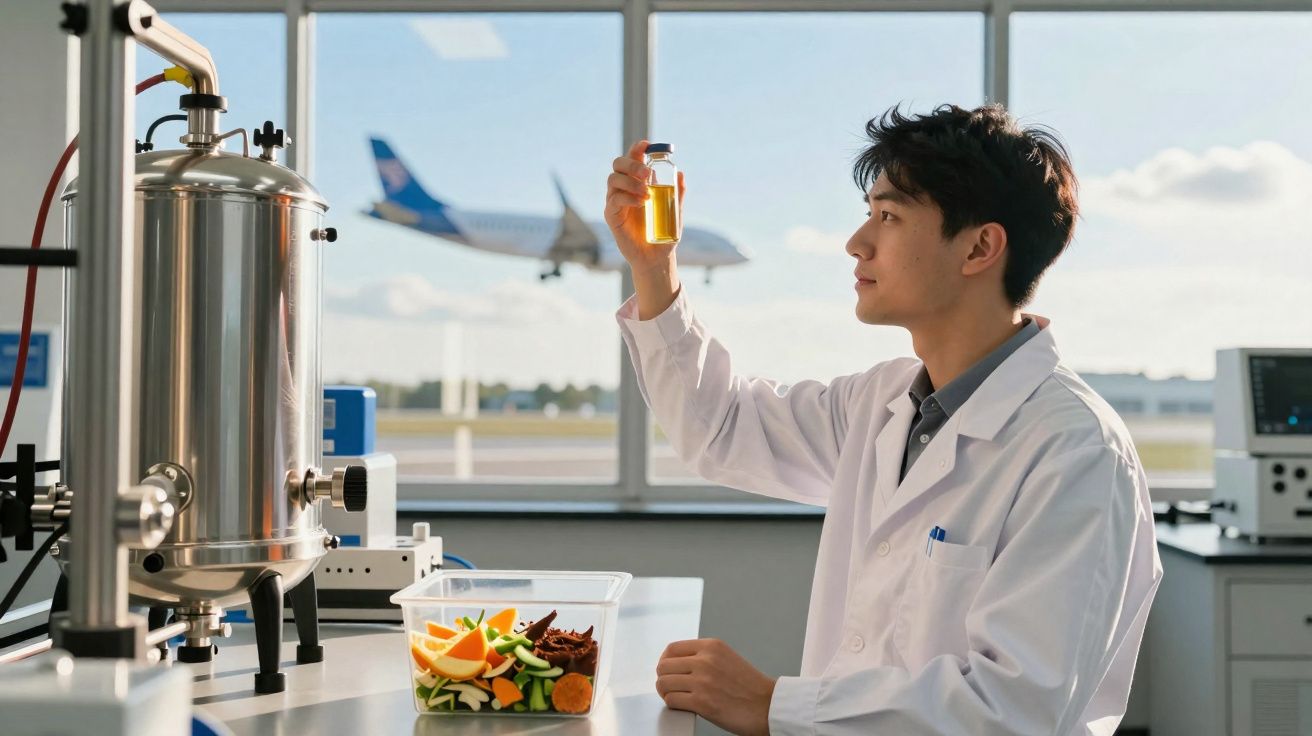 Cientista em laboratório observa frasco com líquido amarelo, com avião a descolar visível pela janela atrás.