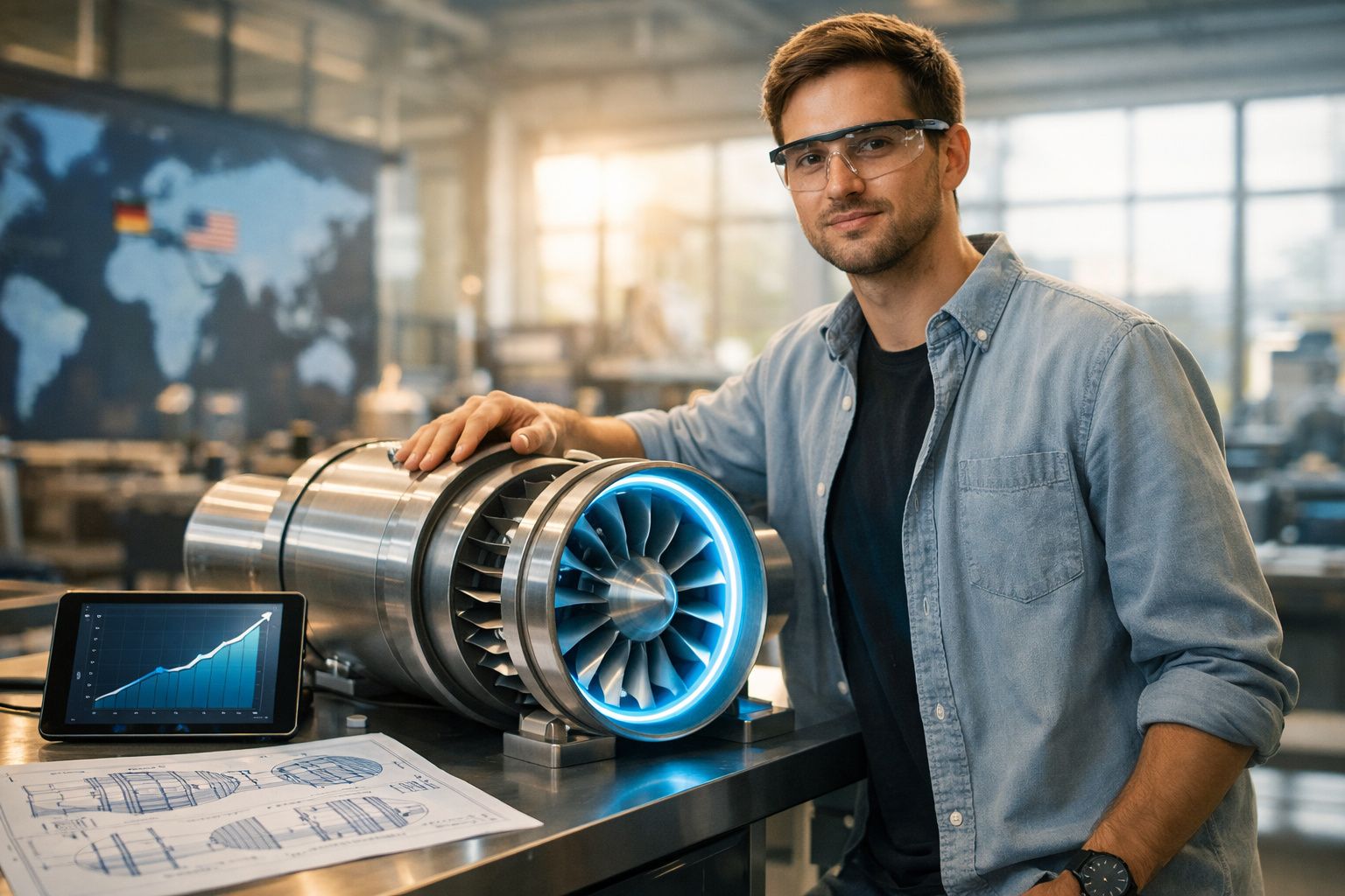 Engenheiro com óculos de proteção apresenta modelo de turbina e gráfico de desempenho num laboratório industrial.