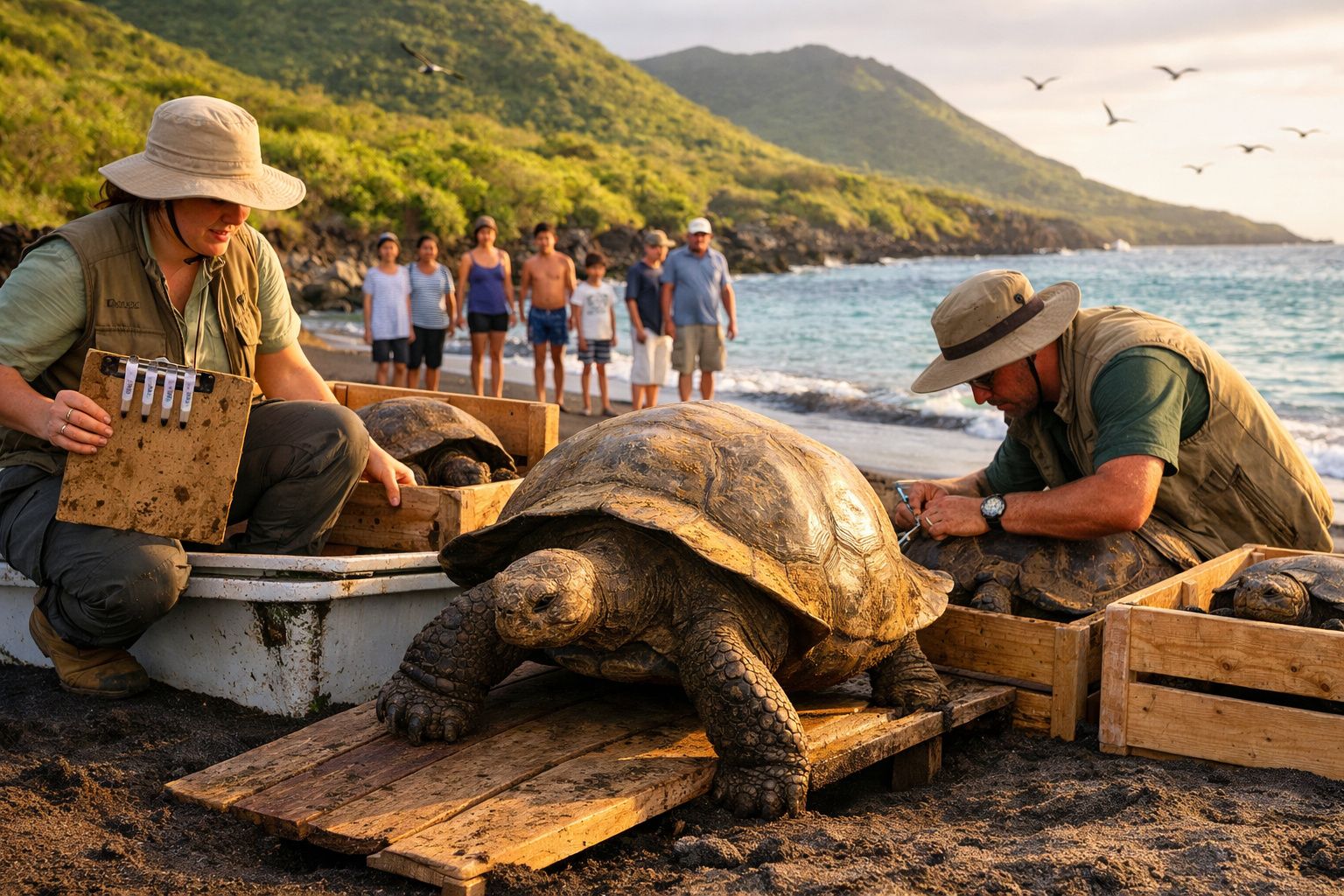 Dois investigadores registam tartarugas gigantes numa praia, com um grupo de pessoas e uma baía ao fundo.