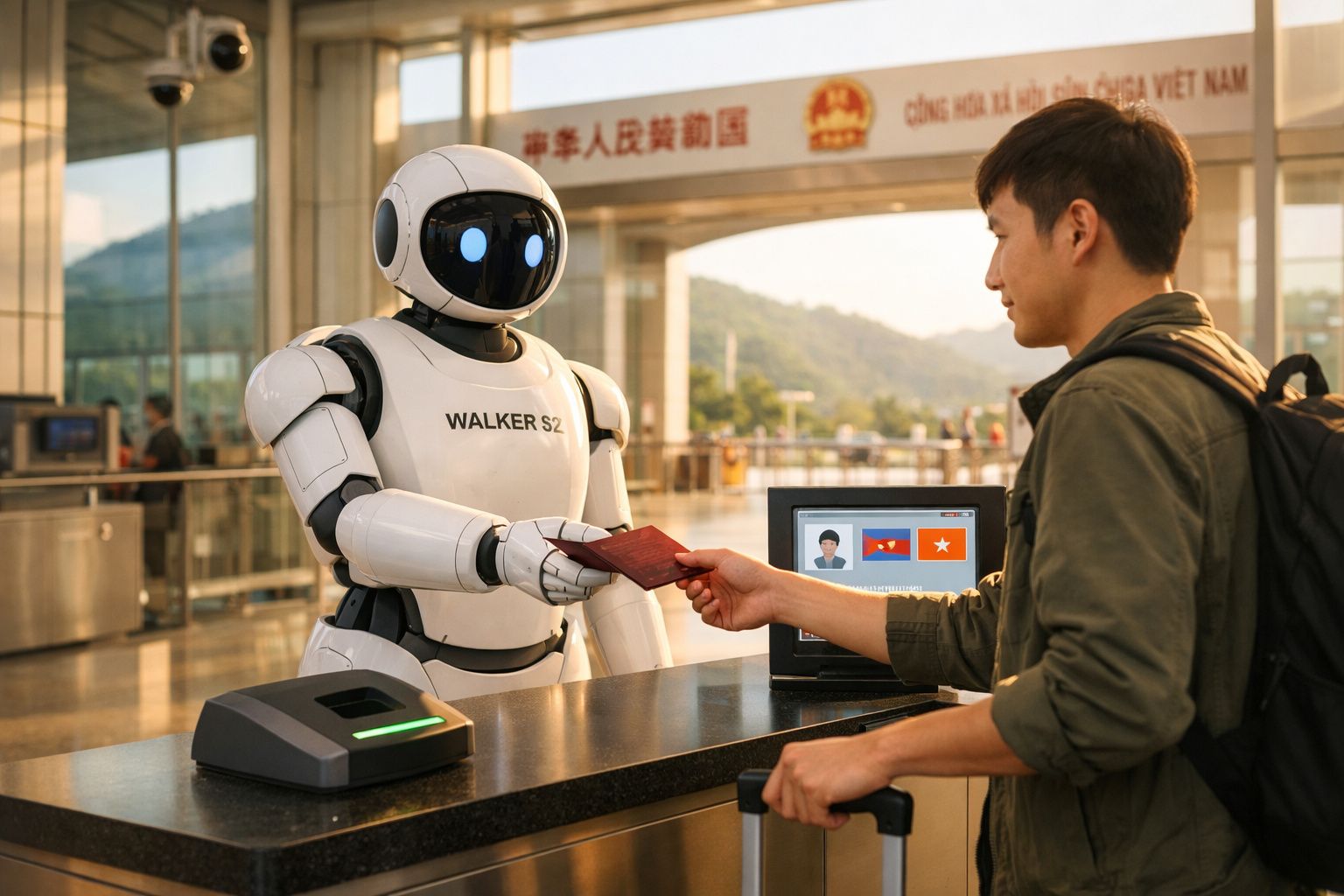 Robô com placa "WALKER S2" verifica passaporte de homem num balcão de controlo de fronteiras.