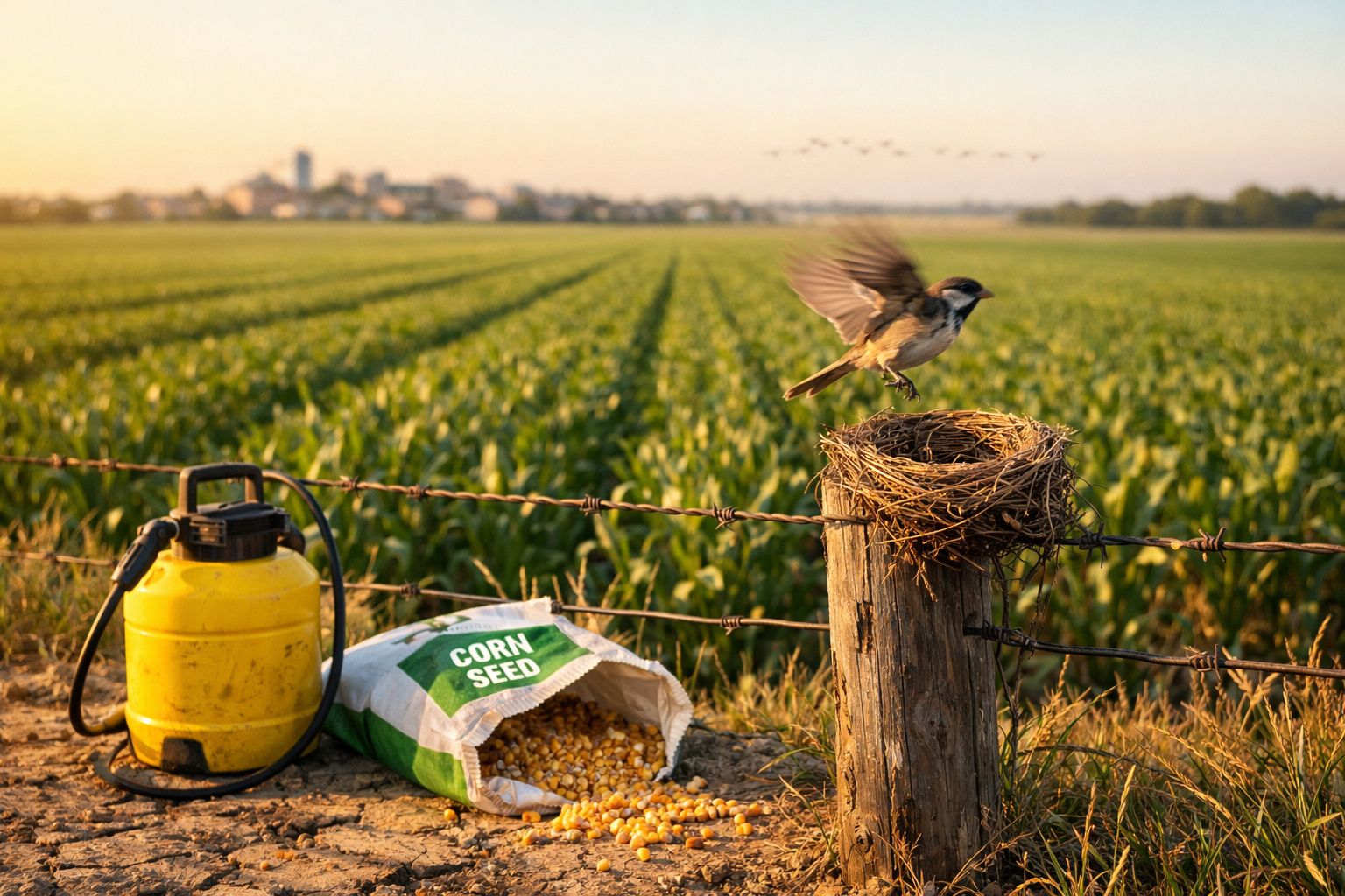 Campo de milho ao pôr do sol com saco de sementes, pulverizador e pássaro a voar perto de um ninho.
