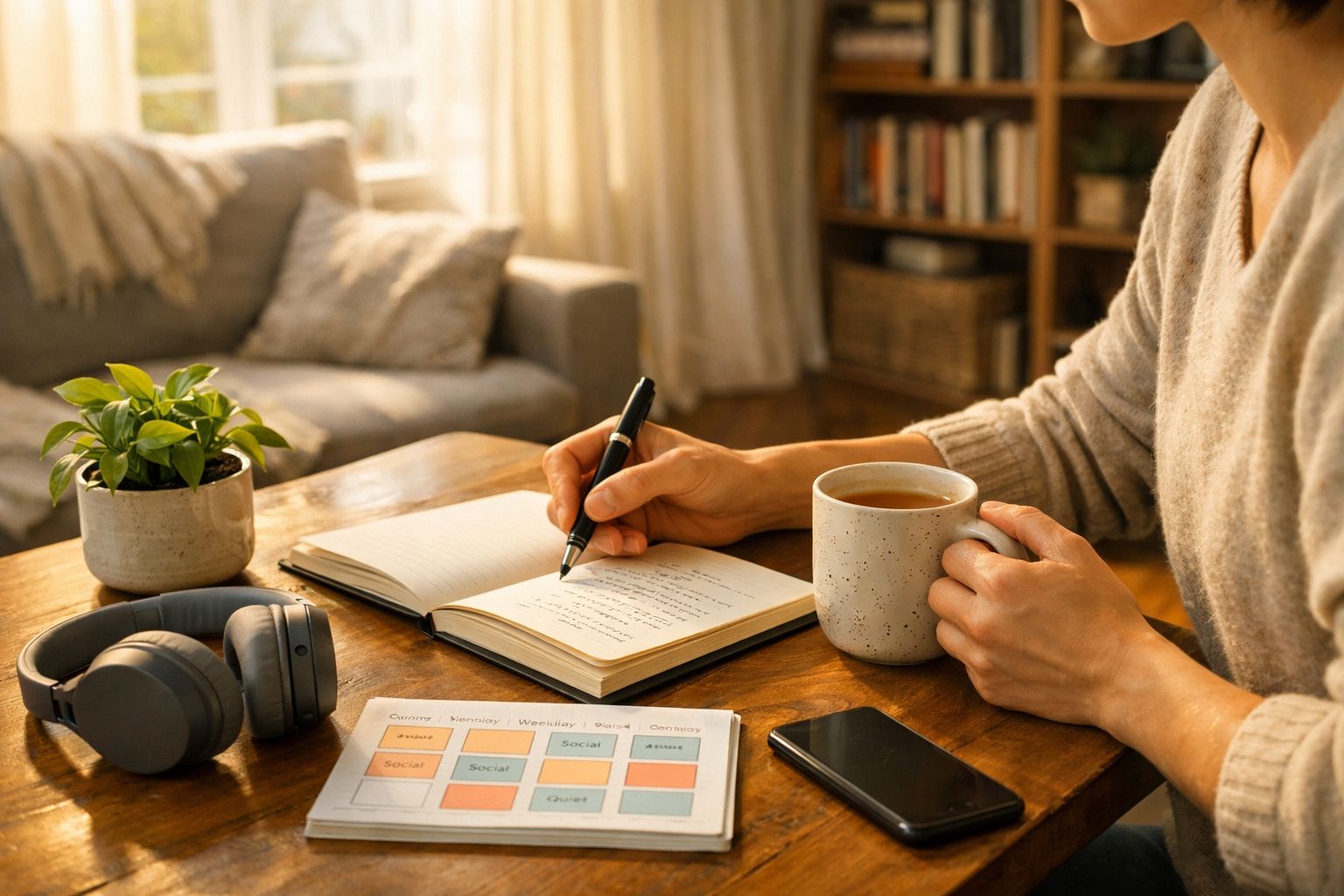 Pessoa a escrever num caderno com caneca de chá, auscultadores, telemóvel e plano semanal numa mesa de madeira.