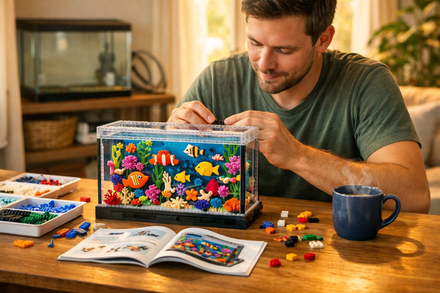 Homem monta aquário de lego colorido com peixes e coral numa mesa com livro aberto e caneca azul.