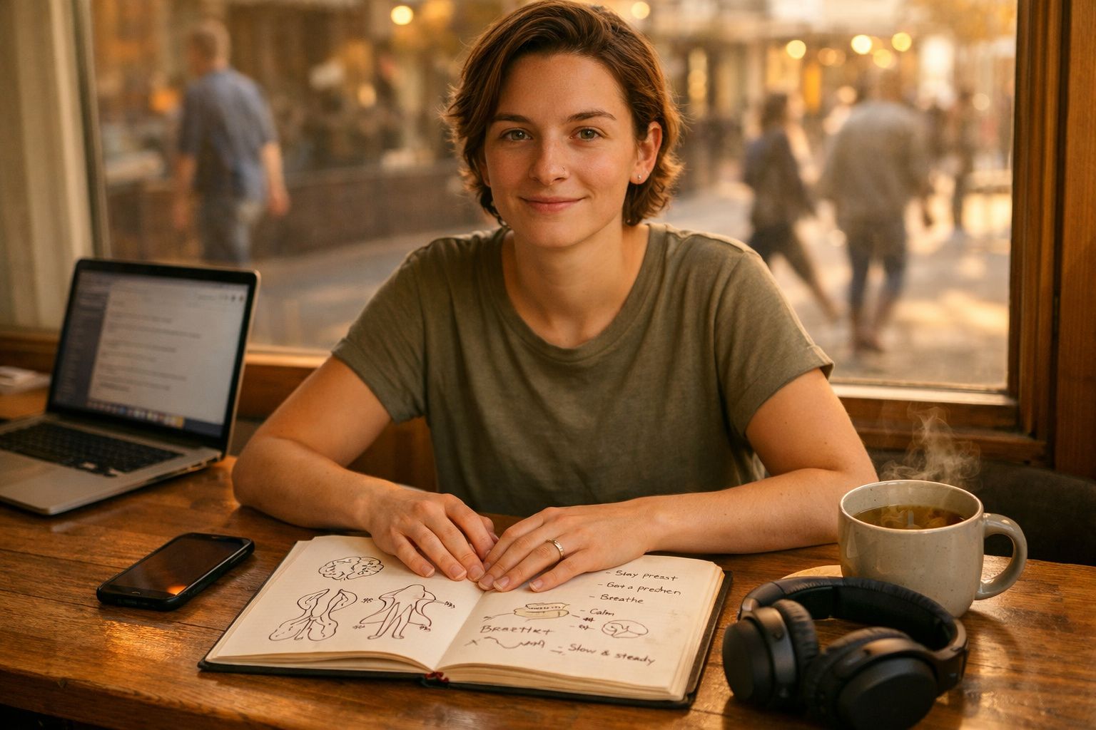 Jovem sentada à mesa com caderno aberto, computador portátil, chá e auscultadores num ambiente acolhedor.