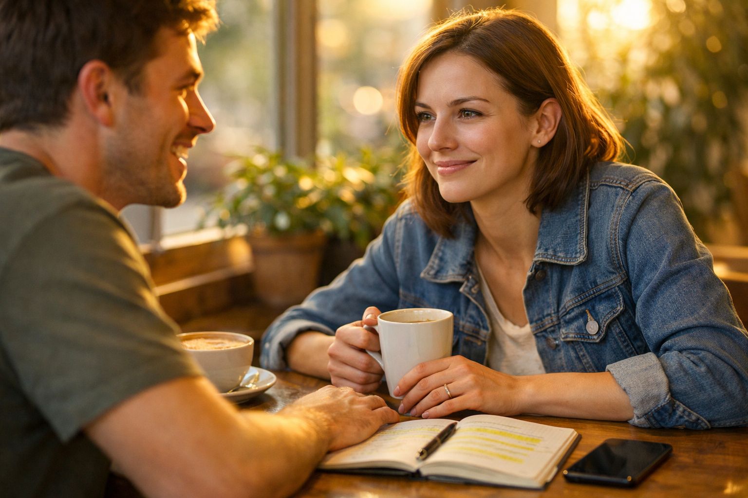 Casal sorridente a conversar numa mesa de café com canecas e um caderno aberto.