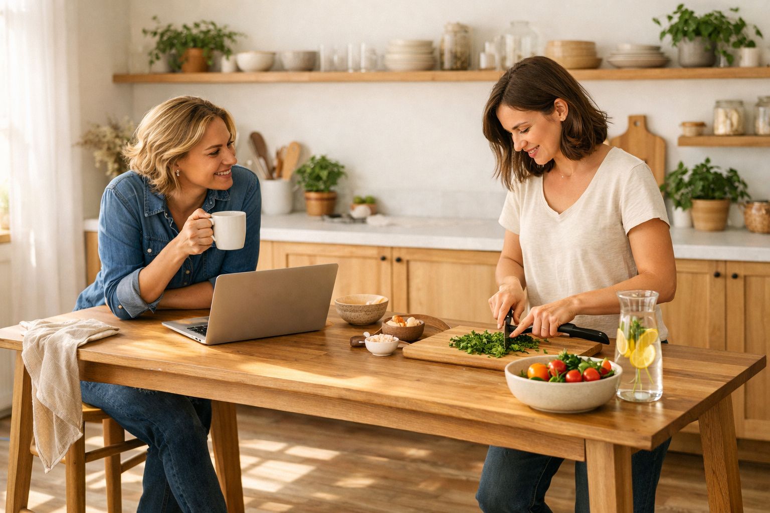 Duas mulheres a cozinhar e conversar numa cozinha moderna e luminosa, com legumes e um jarro de água.