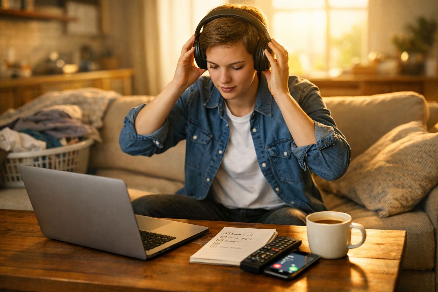 Jovem com auscultadores a estudar com portátil, caderno, telemóvel e café numa sala acolhedora.