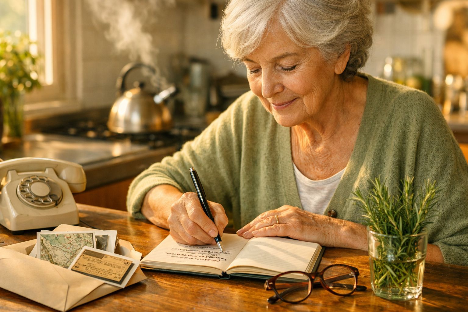 Idosa a escrever num caderno numa cozinha iluminada, com um ramo de ervas e um telefone antigo na mesa.