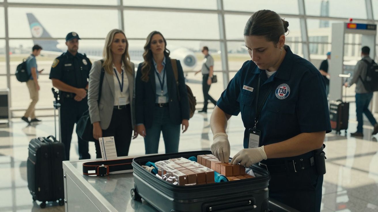 Agente de segurança inspeciona mala aberta em aeroporto com pessoas e polícia ao fundo.