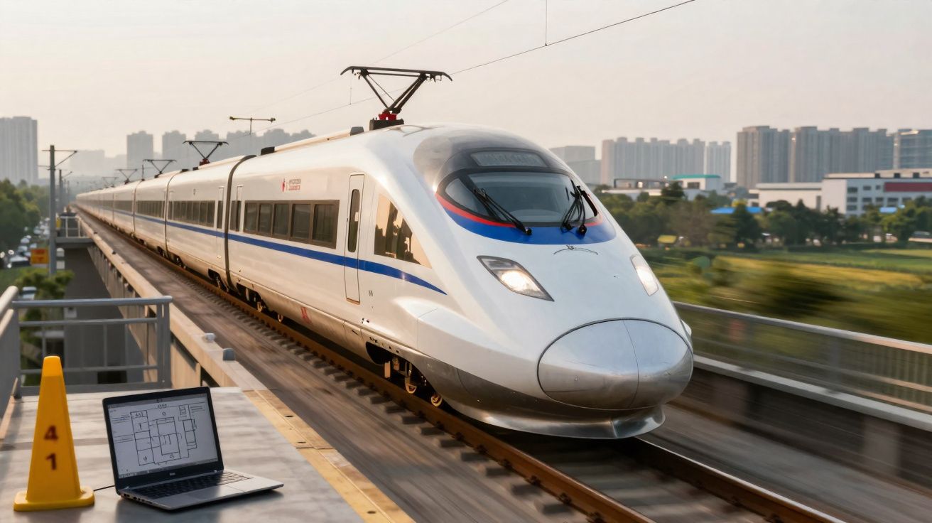 Comboio de alta velocidade em linha urbana com laptop em plataforma próxima.