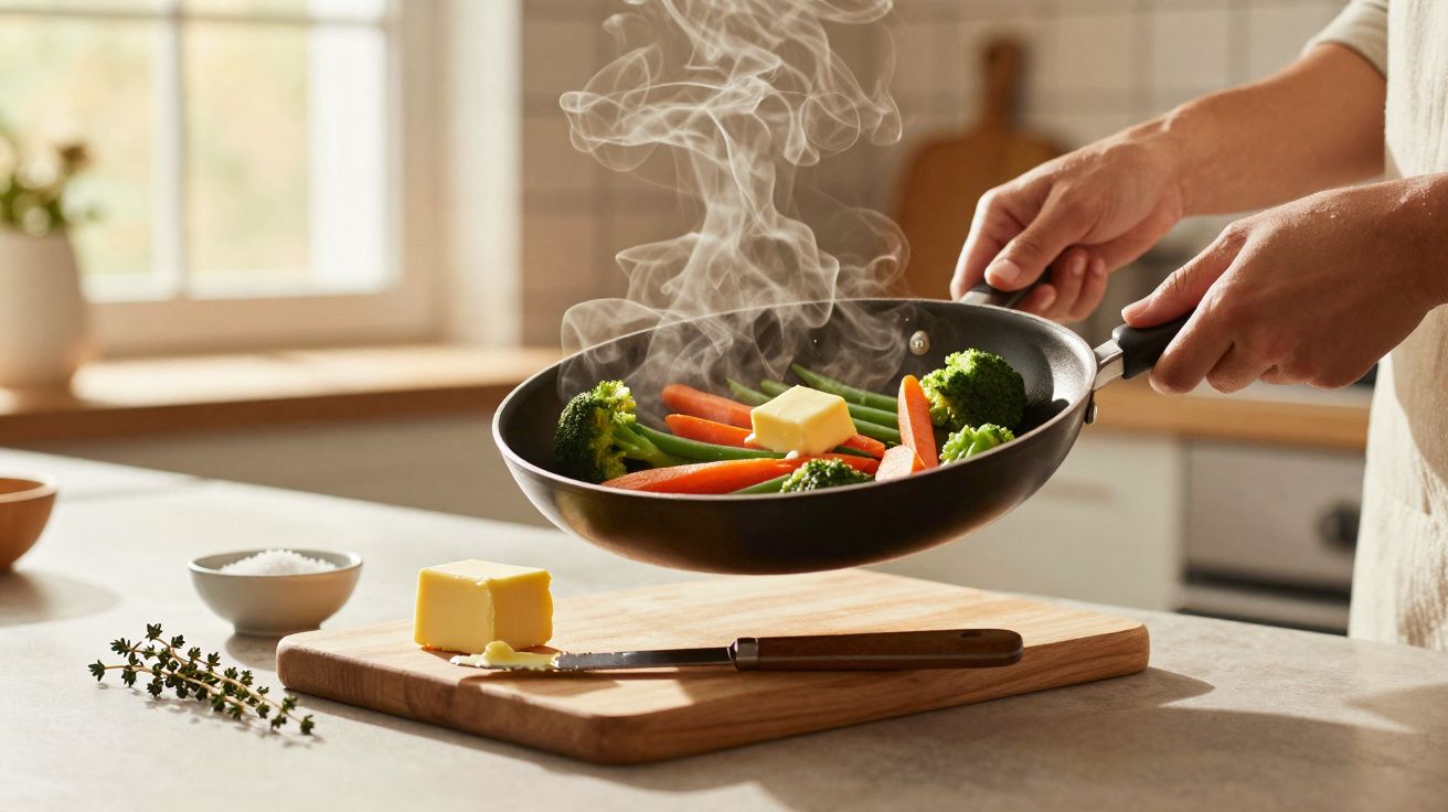 Pessoa a cozinhar legumes frescos numa frigideira com manteiga a derreter numa cozinha iluminada.