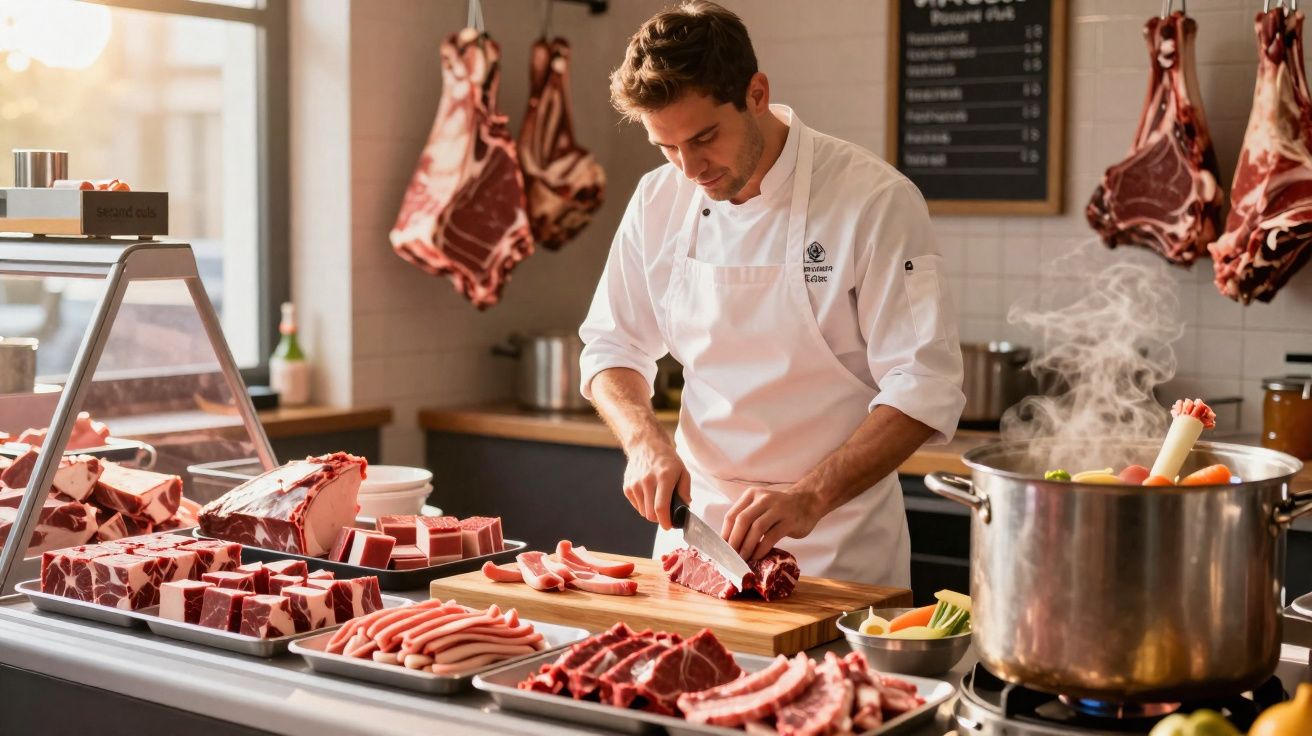 Talhante a cortar carne fresca numa tábua numa loja com vários tipos de carne expostos.