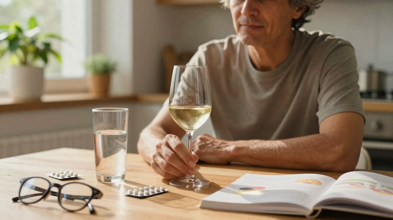 Homem sentado à mesa com um copo de vinho branco, comprimidos, água, óculos e livro aberto numa cozinha.