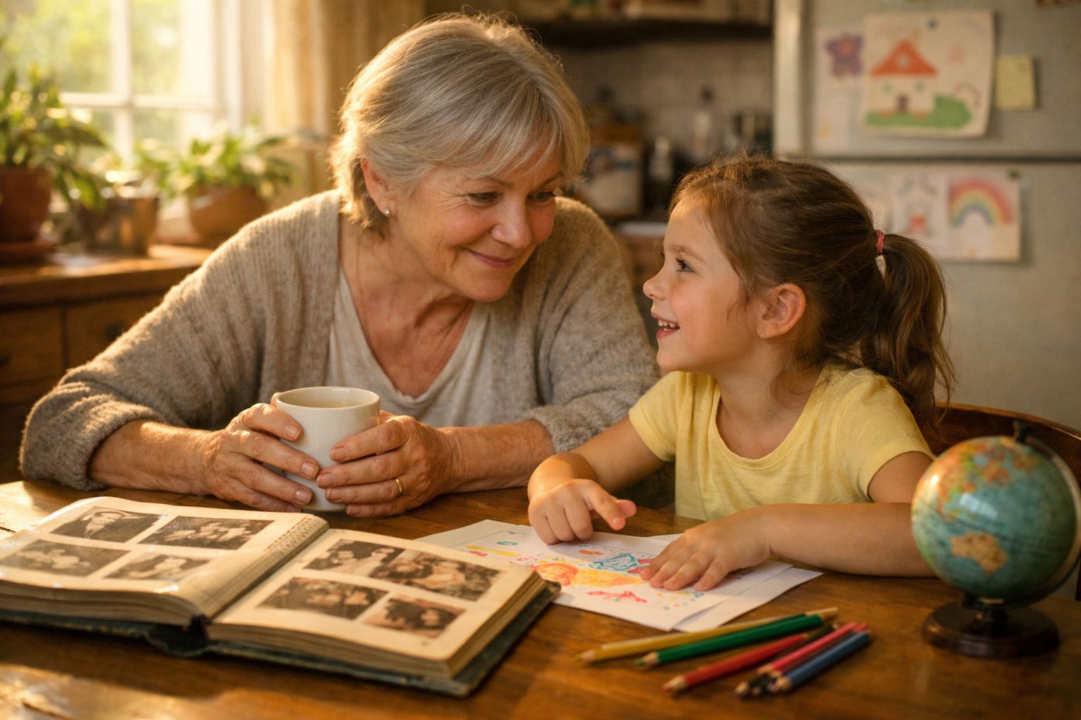 Avó sorridente segura chá enquanto neta mostra desenho colorido à mesa com álbum de fotos e globo.