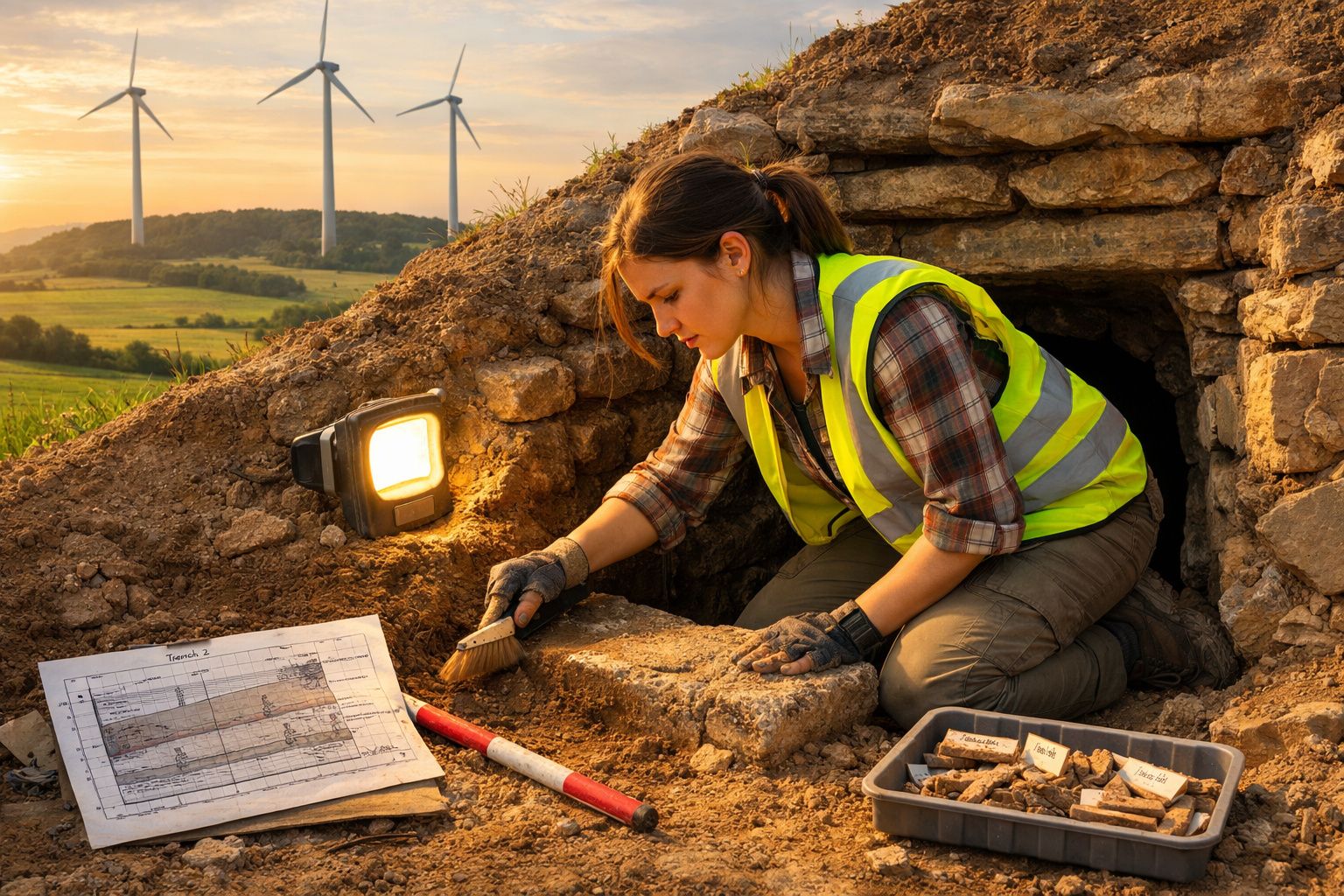Arqueóloga em colete refletor escava em sítio com fragmentos, lâmpadas e turbinas eólicas ao fundo ao pôr do sol.