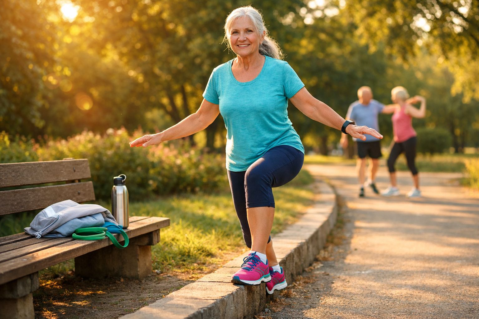 Mulher idosa faz exercício de equilíbrio num parque ao nascer do sol com outras pessoas ao fundo.