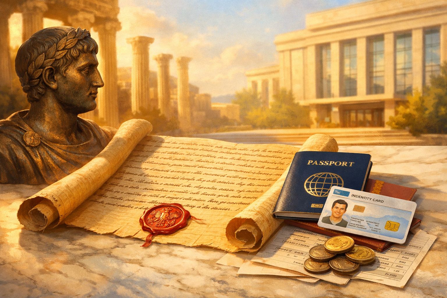 Busto romano, pergaminhos antigos, carimbo de cera, passaporte, cartão de identidade e moedas sobre uma mesa de mármore.