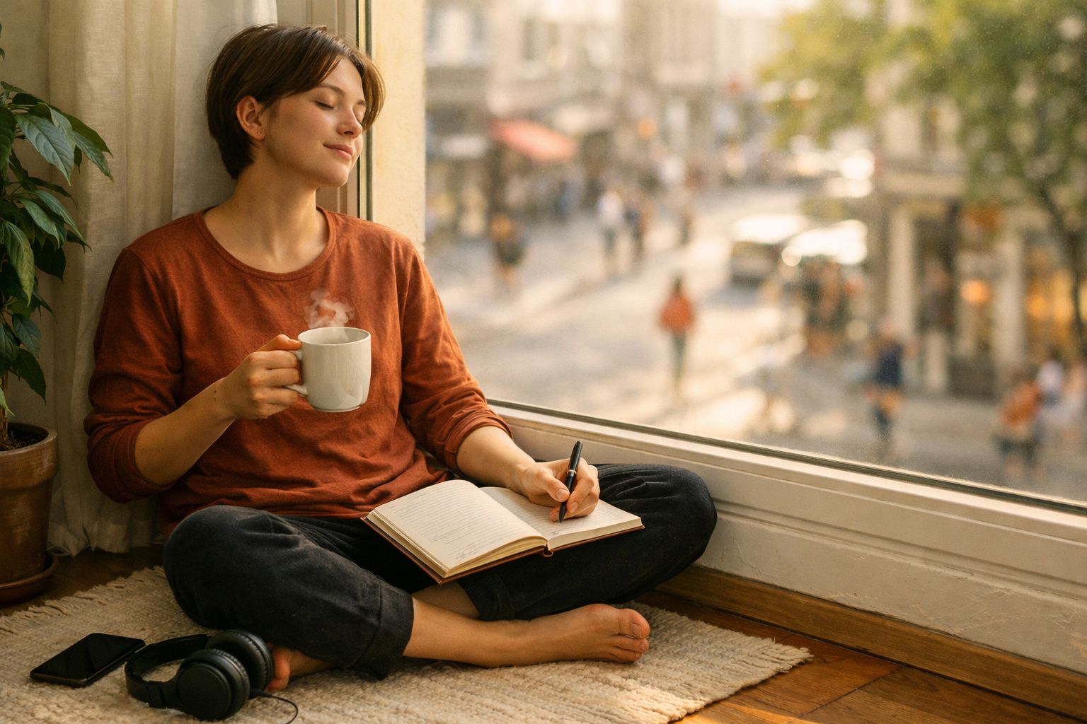 Mulher sentada junto à janela com caderno e chá quente, relaxando e contemplando a rua movimentada.