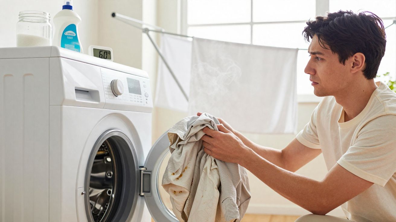 Homem a retirar roupa suja e com nódoas de uma máquina de lavar aberta numa lavandaria iluminada.