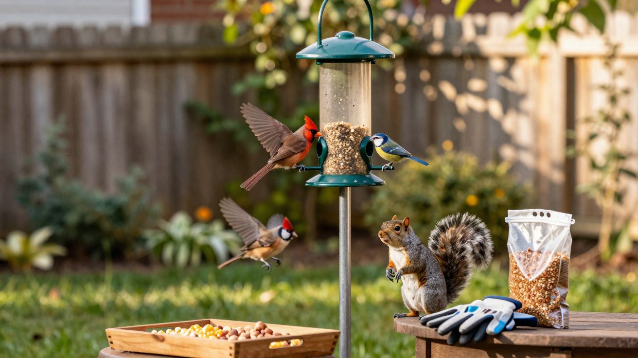 Pássaros a alimentarem-se numa comedouro suspenso, esquilo junto a luvas e sementes num jardim ensolarado.