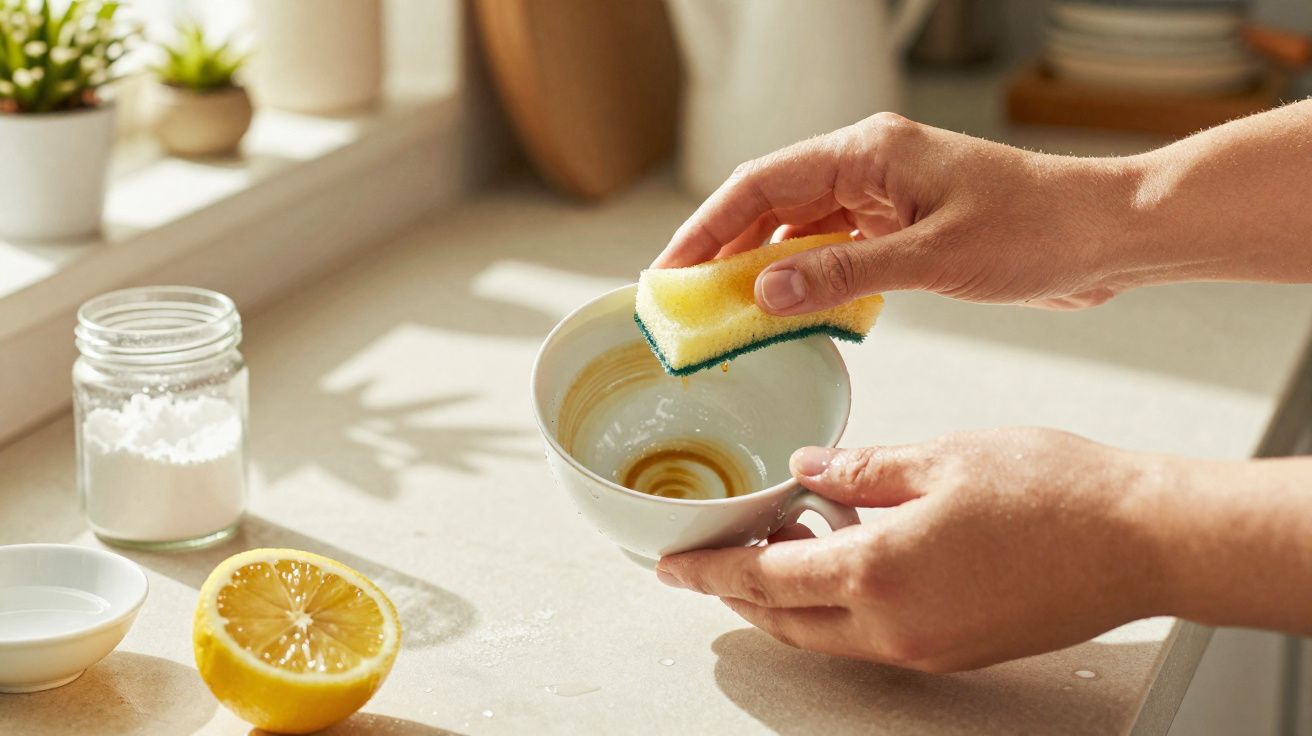 Mãos a lavar uma chávena com uma esponja amarela, limão cortado e frasco de pó branco na bancada.