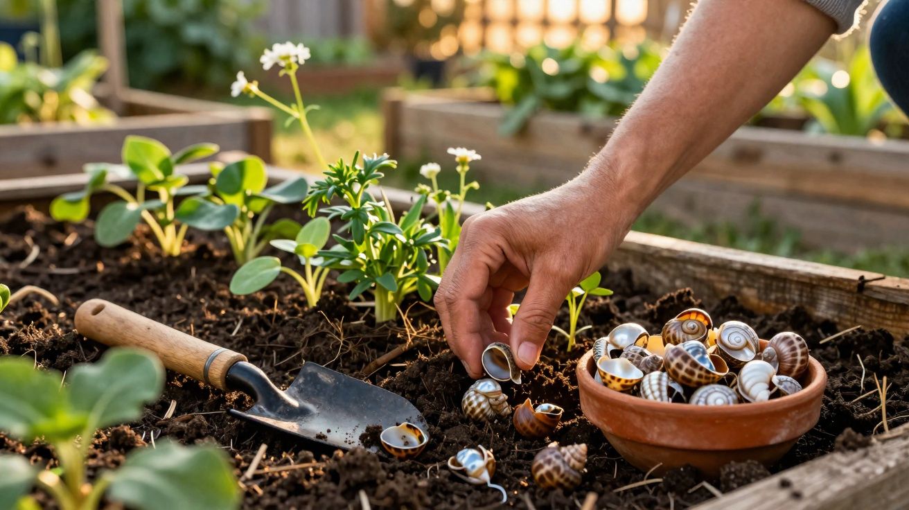 Mão a colocar caracóis numa horta com terra, plantas e uma pequena pá de jardinagem.