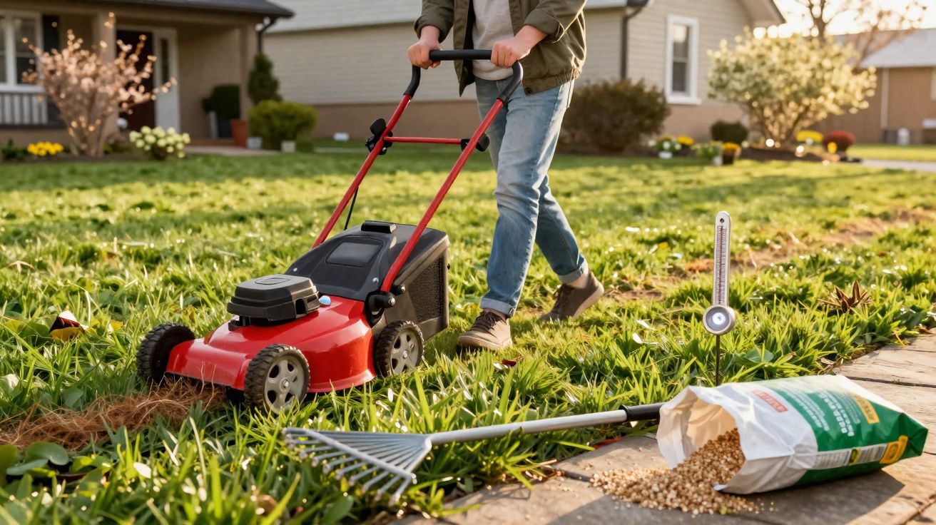 Pessoa a cortar relva com corta-relvas elétrico vermelho num jardim residencial ao pôr do sol.