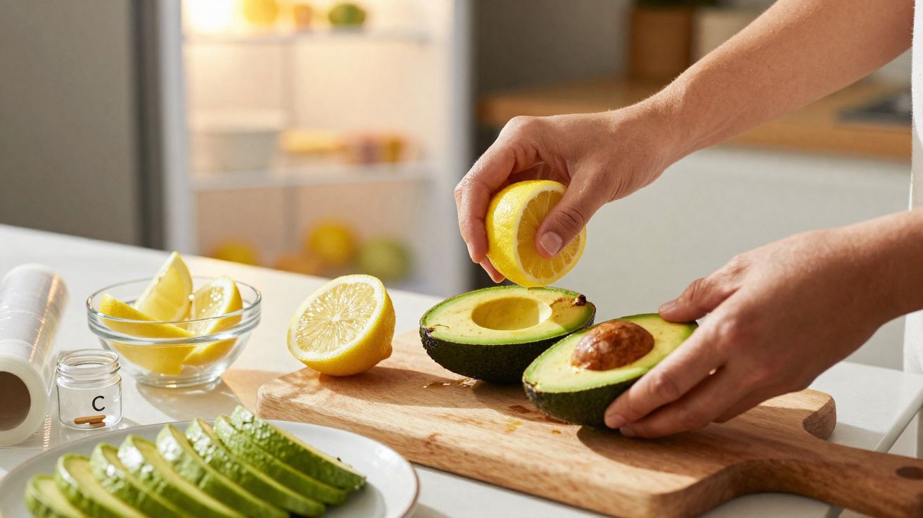 Mãos a espremer limão sobre abacate cortado ao meio numa tábua de cozinha com fatias de abacate e limão à volta.