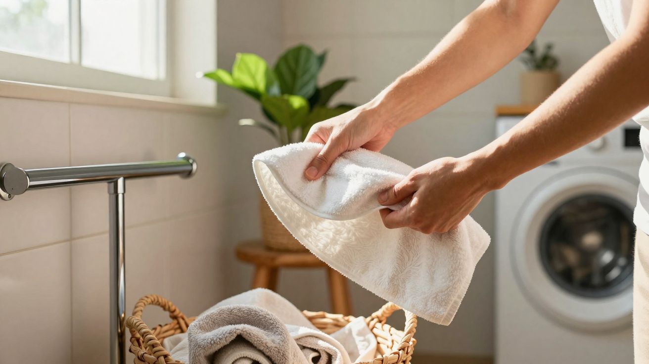 Pessoas a dobrar uma toalha branca junto a um cesto de roupa e uma máquina de lavar roupa.