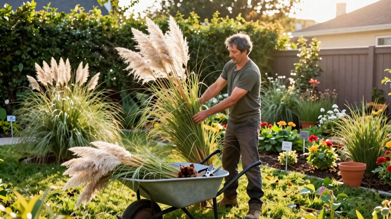 Homem a colher plantas ornamentais com folhas longas e penas brancas num jardim ensolarado.
