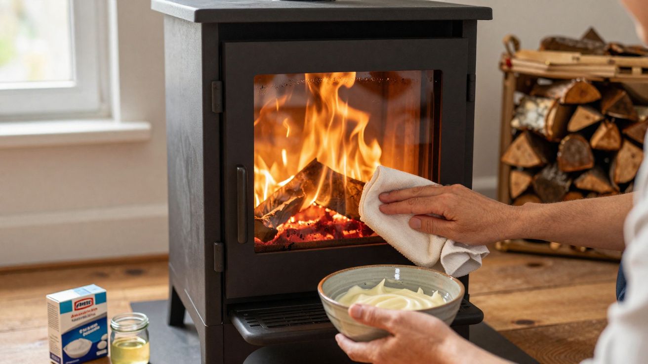 Pessoa a aplicar gordura num fogão a lenha antes de acender o fogo numa sala acolhedora.