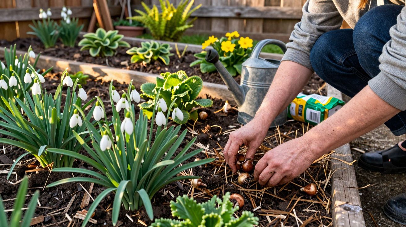 Pessoa a plantar bolbos numa canteiro de jardim com flores brancas e verdes à volta.