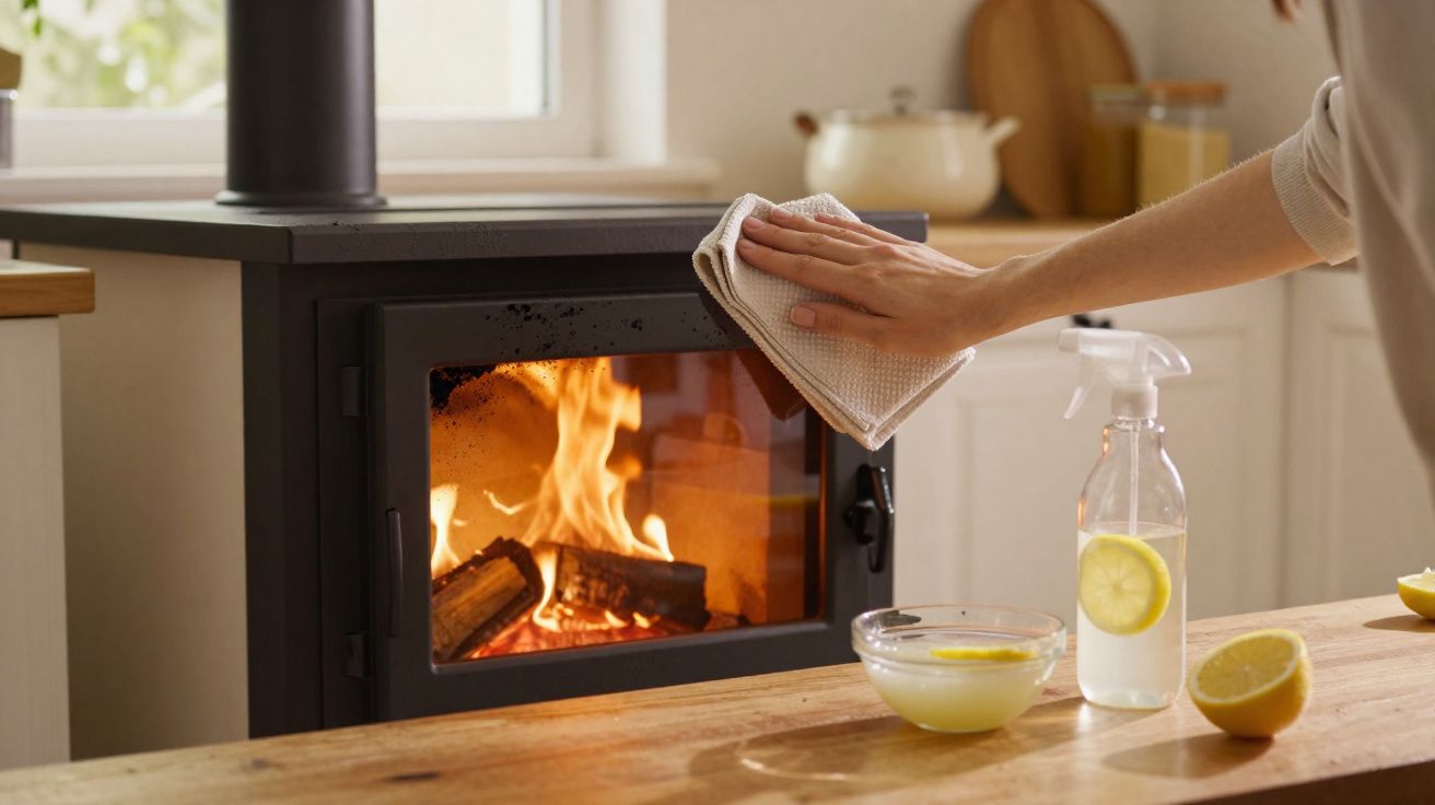 Pessoa a limpar a porta de vidro de uma lareira com um pano, ao lado de um pulverizador e limões na bancada.