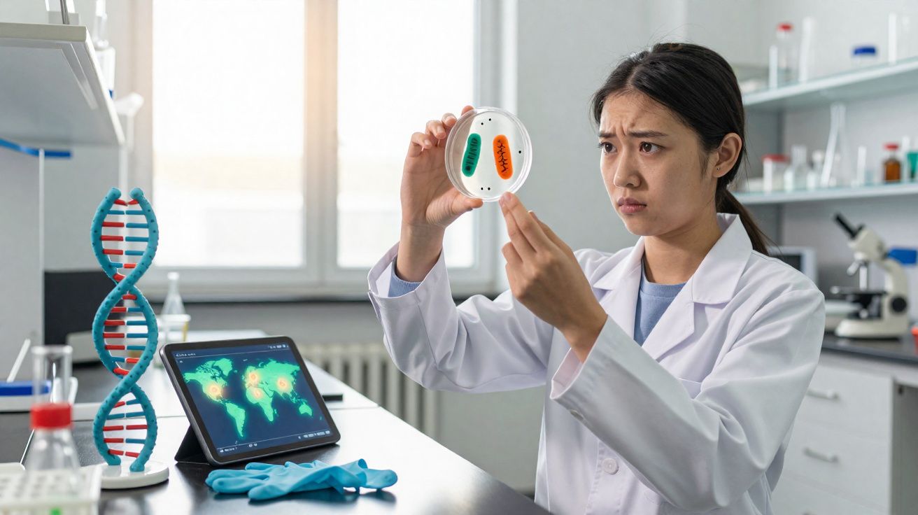 Cientista em laboratório analisa cultura bacteriana em placa de Petri, com modelo de DNA e ecrã digital à frente.