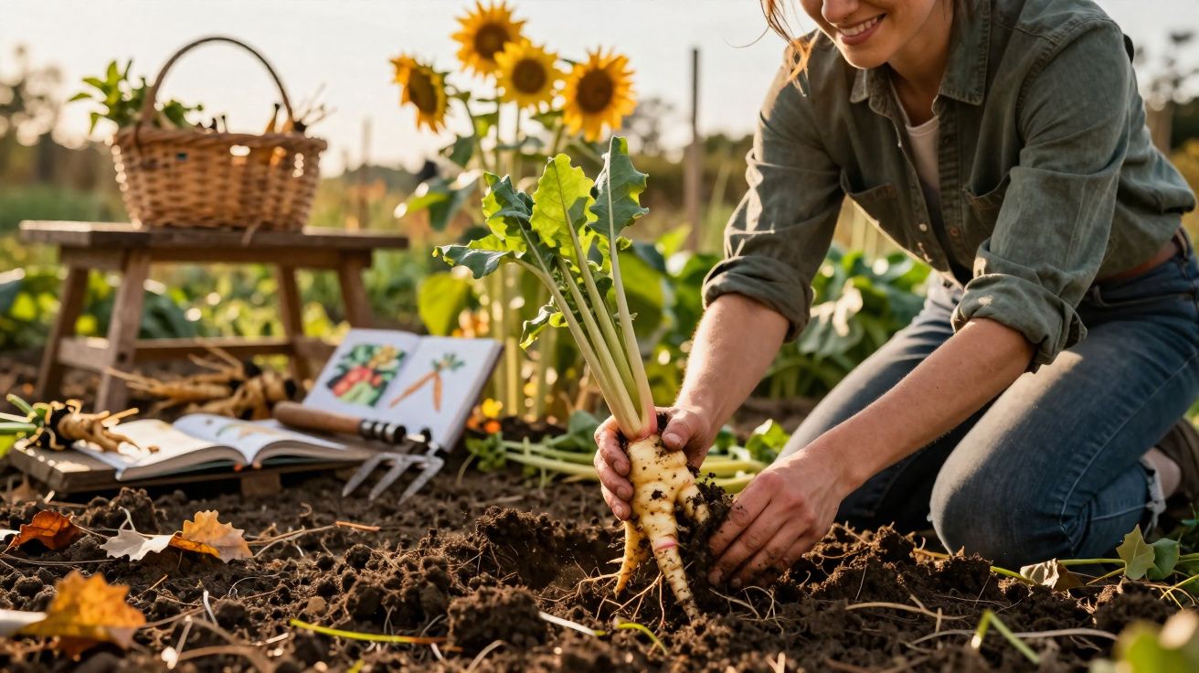 Pessoa a colher raízes de aipo-mancebo num jardim com girassóis ao fundo, em ambiente ao ar livre.