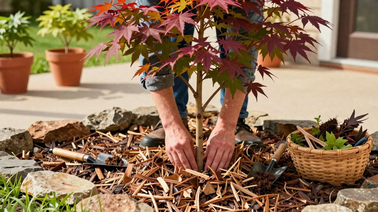 Pessoa a plantar uma pequena árvore de folhas vermelhas num jardim com pedras e terra coberta por casca de madeira.