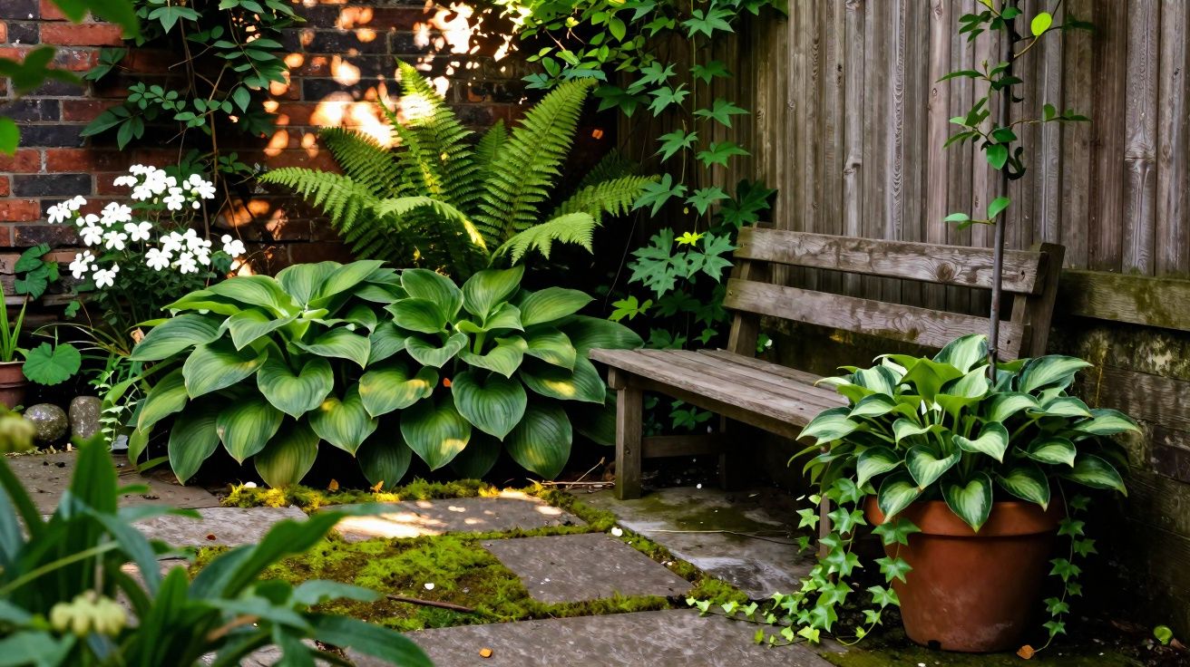 Jardim com banco de madeira, plantas verdes, samambaia, flores brancas e trepadeiras junto a muro de tijolo e vedação.
