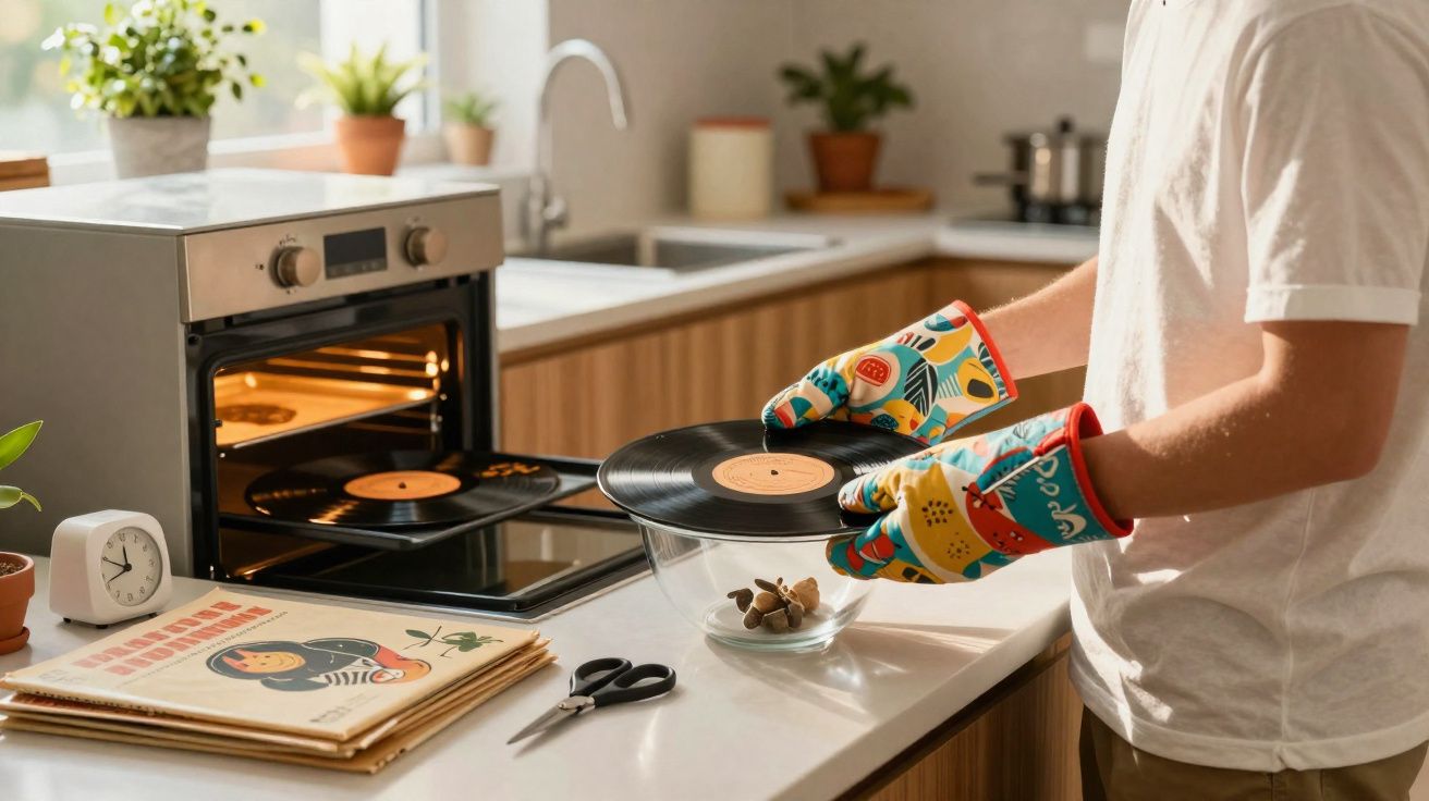 Pessoa a usar luvas de forno a colocar um disco de vinil numa taça de vidro em cozinha moderna.