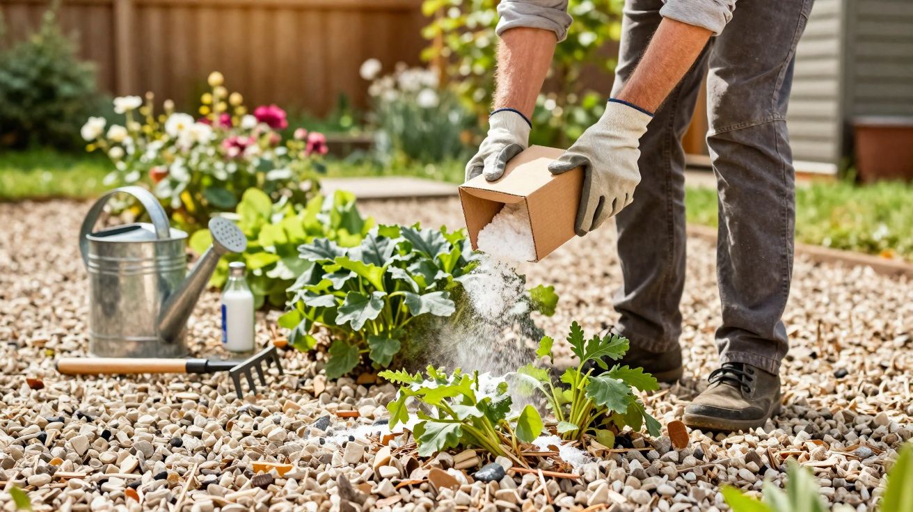 Pessoa a adicionar fertilizante em plantas num jardim com regador e ferramentas ao lado.