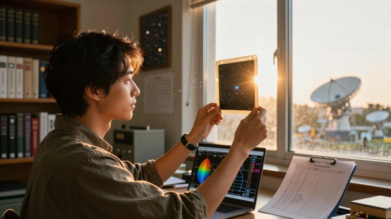 Jovem observando uma imagem do espaço num tablet junto a janela com antenas parabólicas ao fundo.