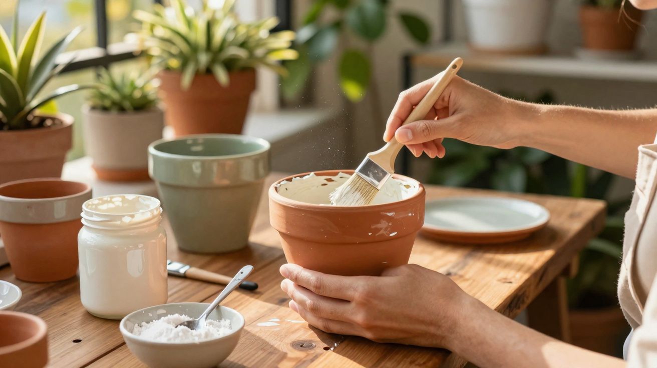 Mãos a pintar um vaso de barro com tinta branca numa mesa de madeira rodeada de plantas e utensílios.